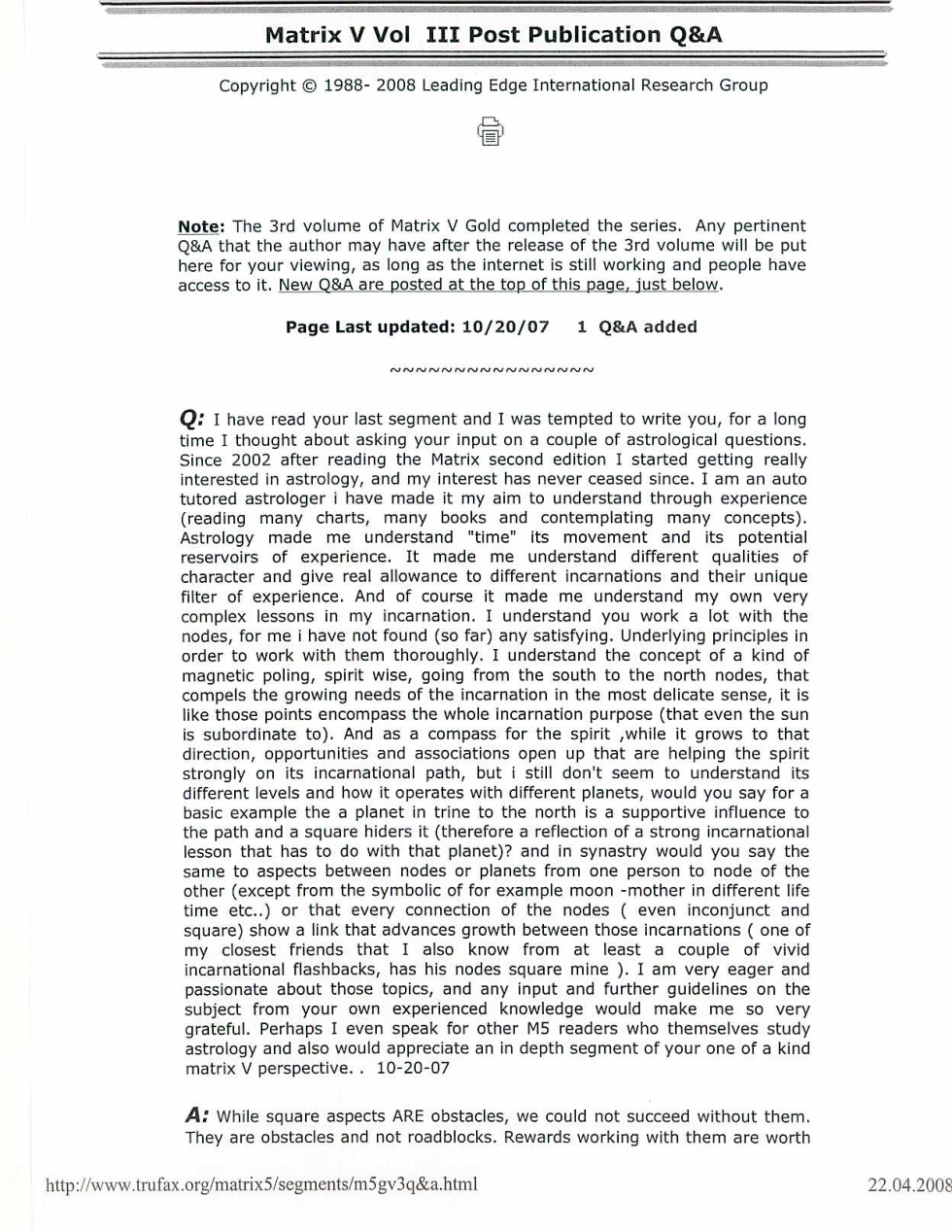 MATRIX V - Quest of the Spirit - The Ultimate Frontier - Post-publication q&a cover