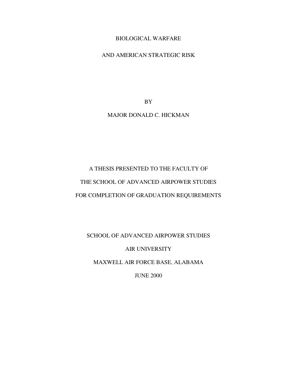BioWarfare and US Strategic Risk 2001 116 pages cover