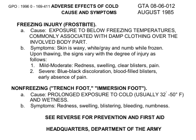 ARMY Adverse Effects of Cold Survival Card 1985 2 sided cover
