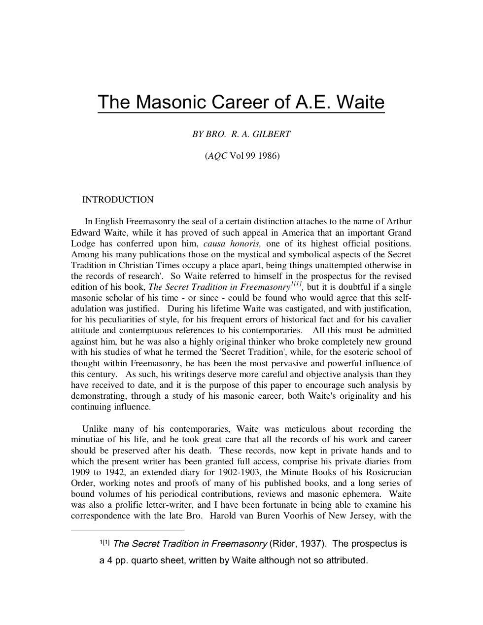 The Masonic Career of A.E. Waite - Gilbert, R.A. cover