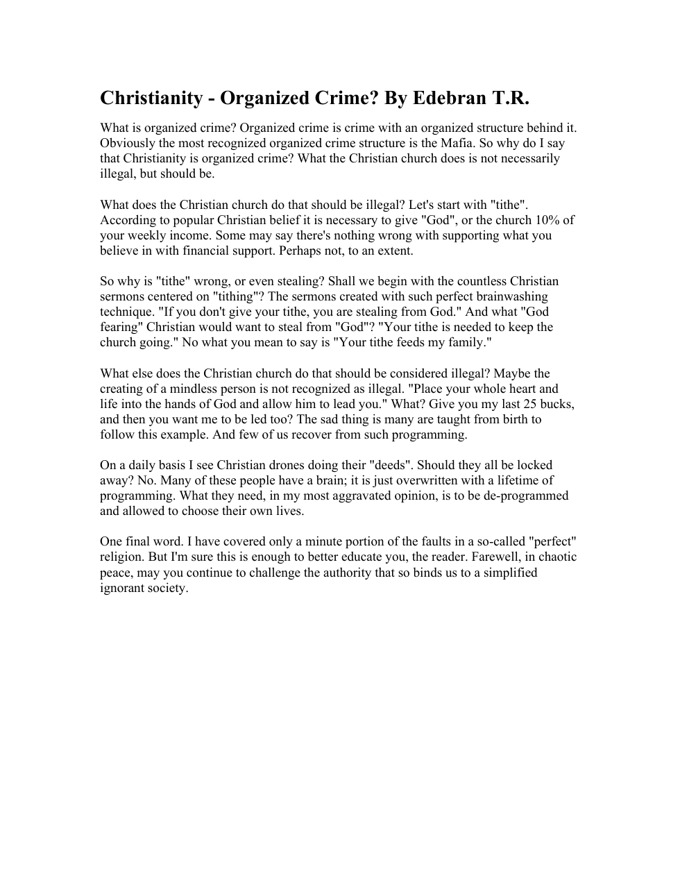 Christianity - Organized Crime By Edebran T.R. cover