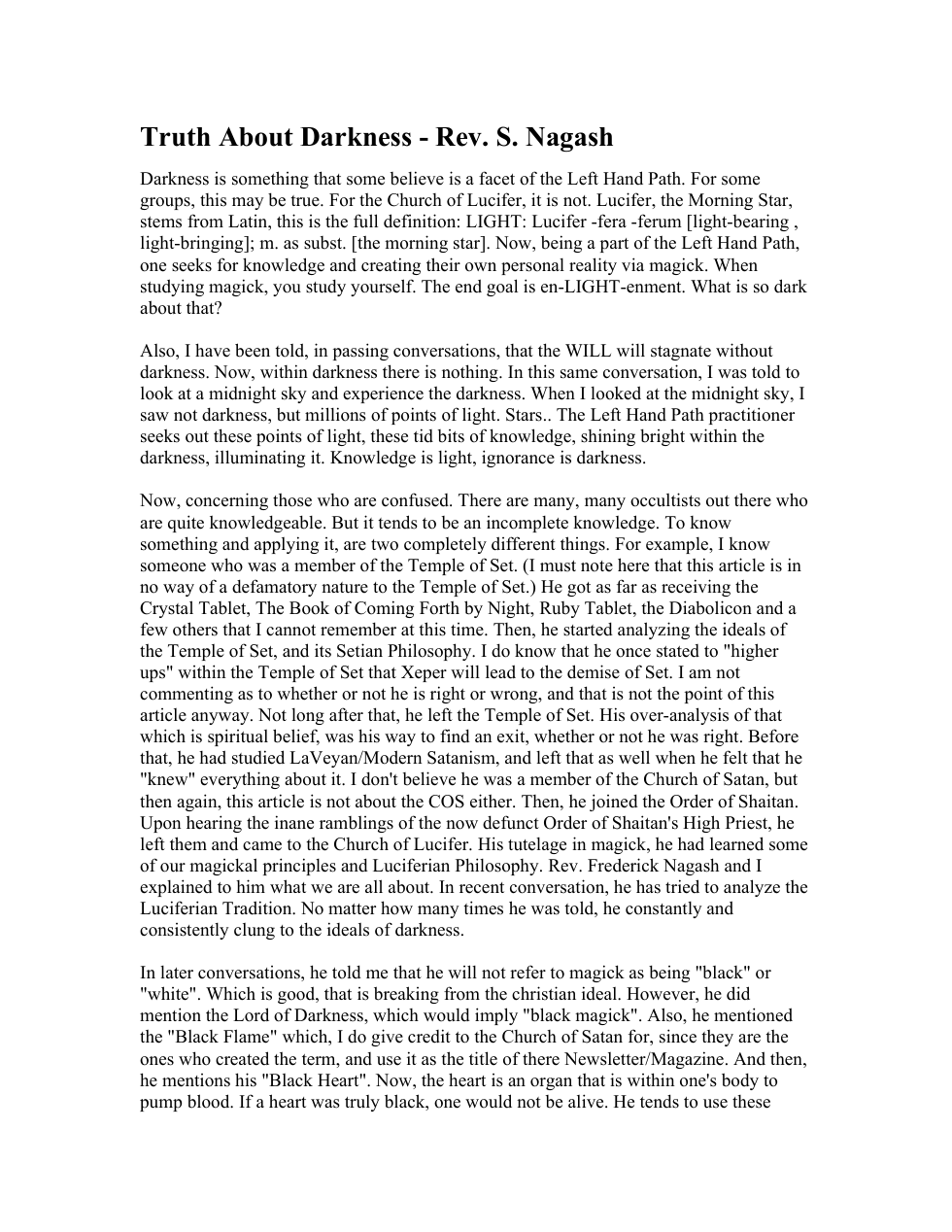 Truth About Darkness - Rev. S. Nagash cover