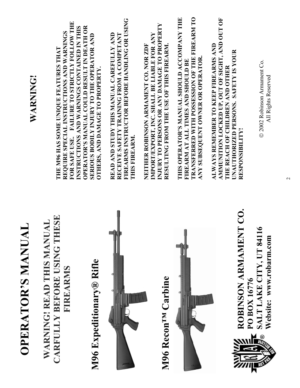 Robinson Armament Co. M96 Recon&Expedition 2002, 23 pgs cover