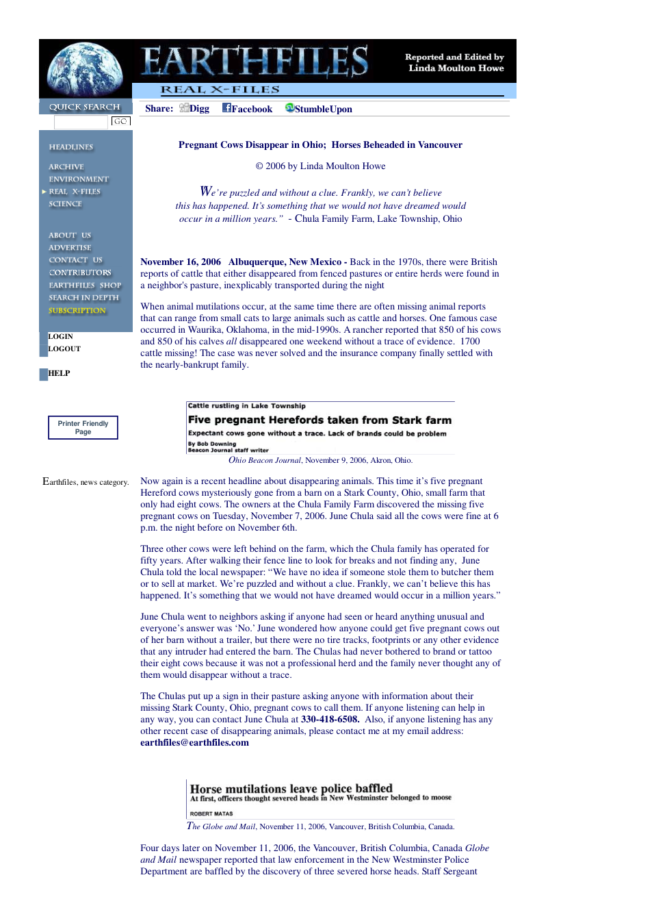 11 16 2006 Pregnant Cows Disappear in Ohio Horses Beheaded in Vancouver cover