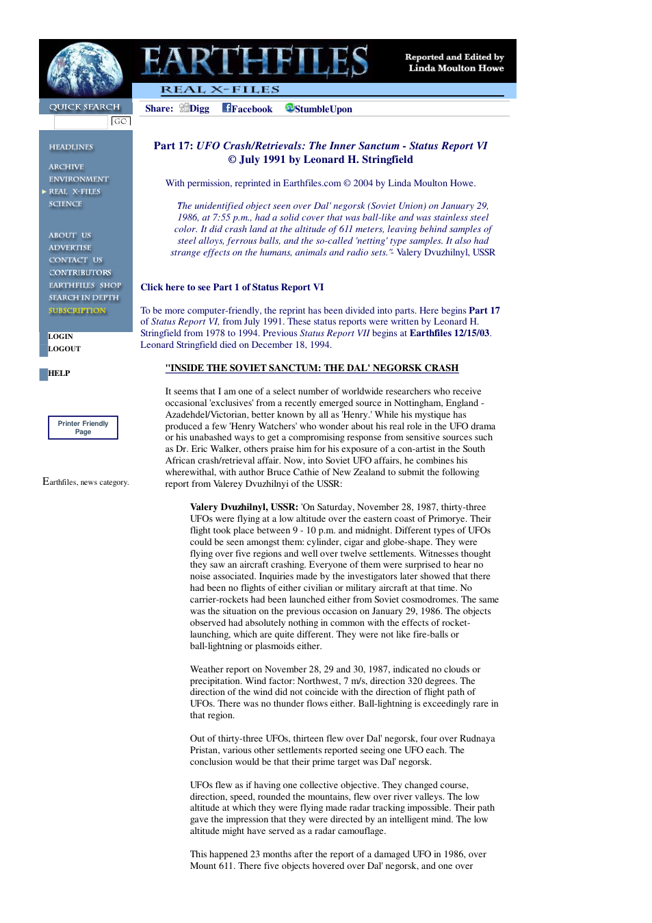 09 10 2004 Part 17 UFO Crash Retrievals The Inner Sanctum - Status Report VI July 1991 by Leonard H. Stringfield cover