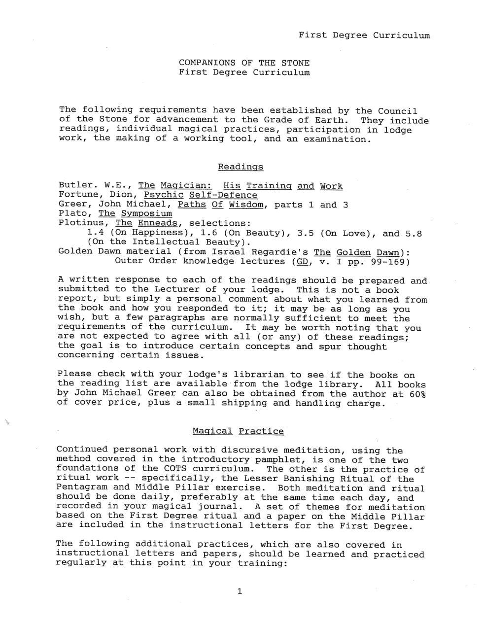 First Degree Curriculum cover