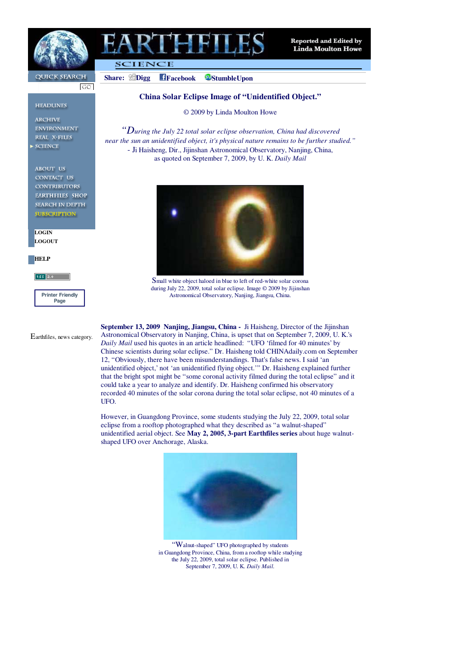 09 13 2009 China Solar Eclipse Image of Unidentified Object cover