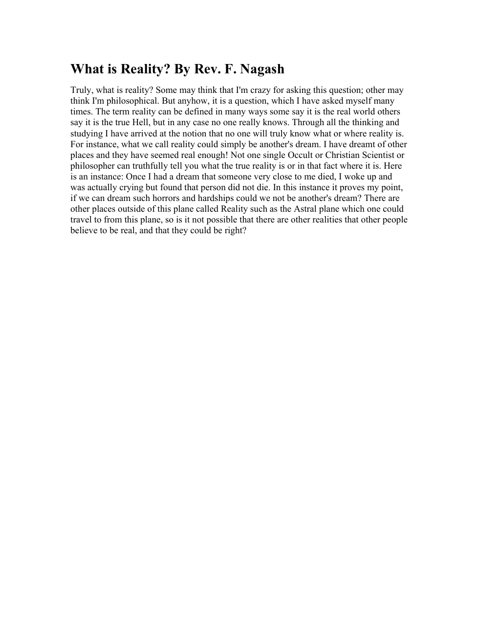 What is Reality By Rev. F. Nagash cover