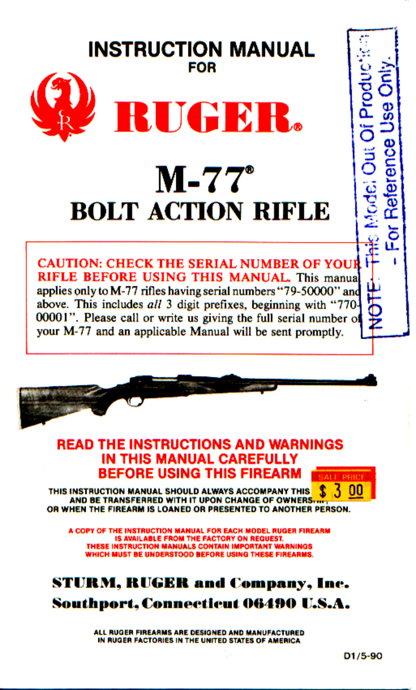 Ruger M-77 Bolt Action Rifle Operators Manual 9 pages cover