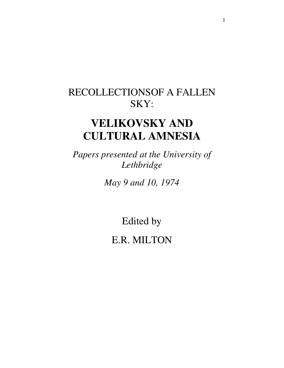 Immanuel Velikovsky - Cultural Amnesia cover