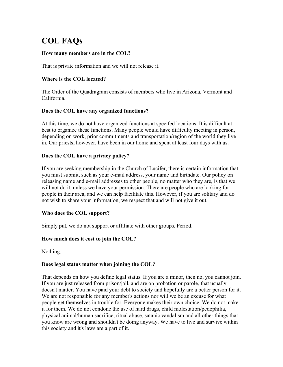 COL FAQs cover