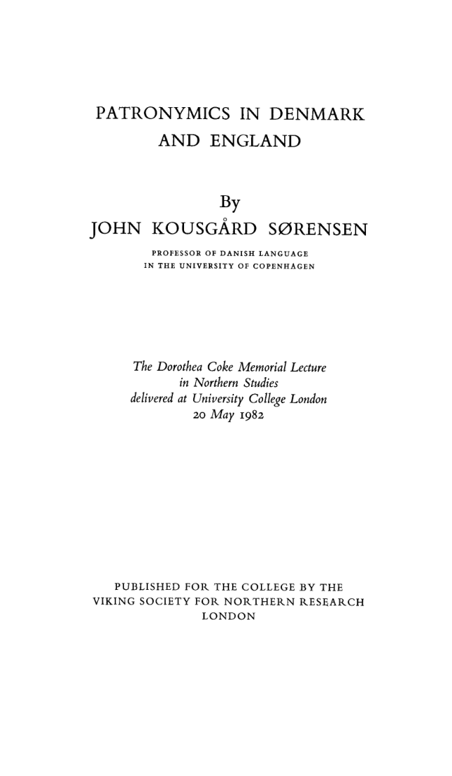 John Kousgård Sørensen - Patronymics in Denmark and England cover