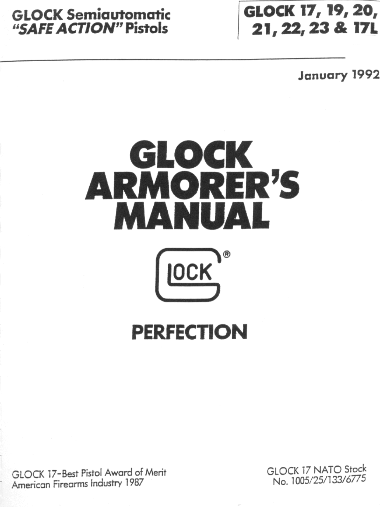 Glock 9mm Semiauto Safe Act. 17,19,20,21,22,23 1992 60 pgs cover