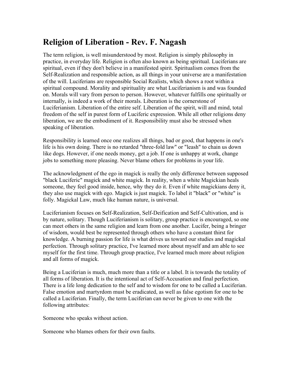 Religion of Liberation - Rev. F. Nagash cover
