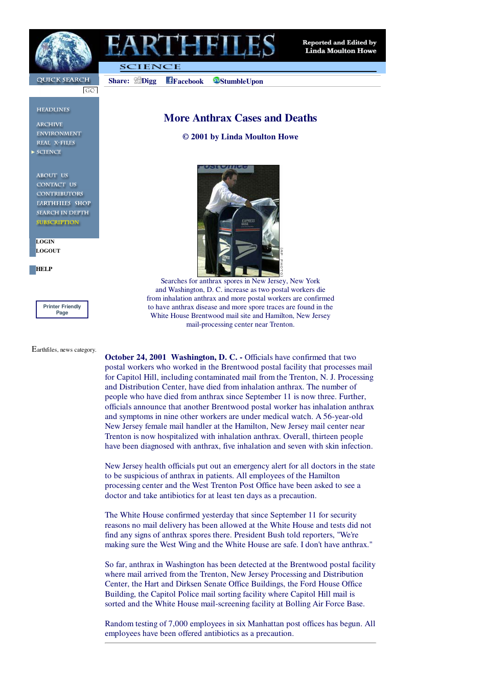 10 24 2001 More Anthrax Cases and Deaths cover