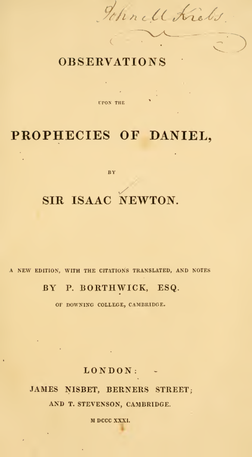 Sir Isaac Newton - Observations Upon the Prophecies of Daniel (1831) cover