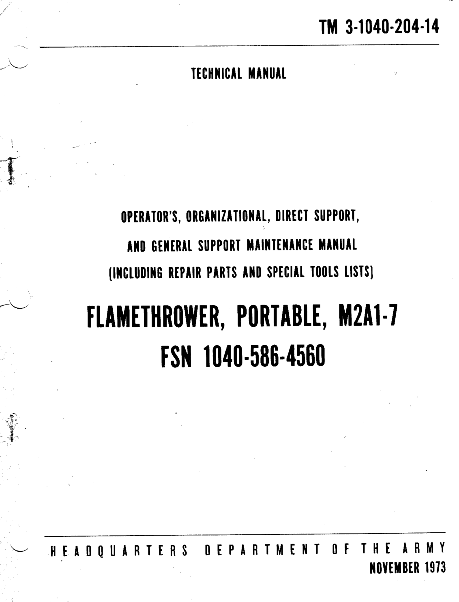 TM 3-1040-204-14 Flamethrower, Portable, M2A1-7 cover