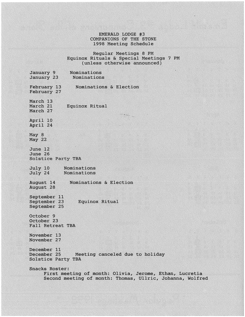 Emerald Lodge Meeting Schedule 1998 cover