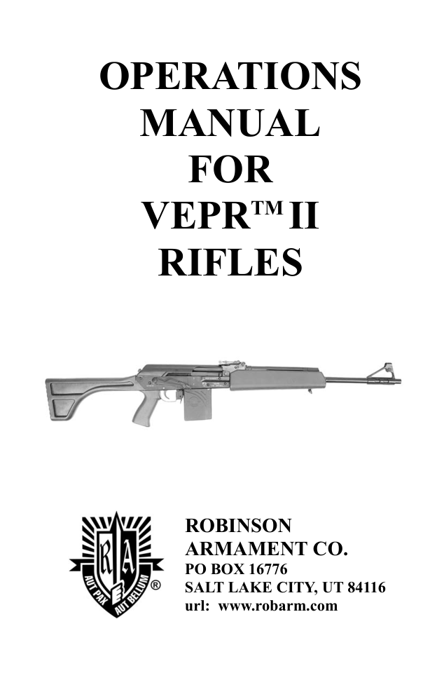 Robinson Armament Co. VEPR II Rifle Manual 28 pages cover