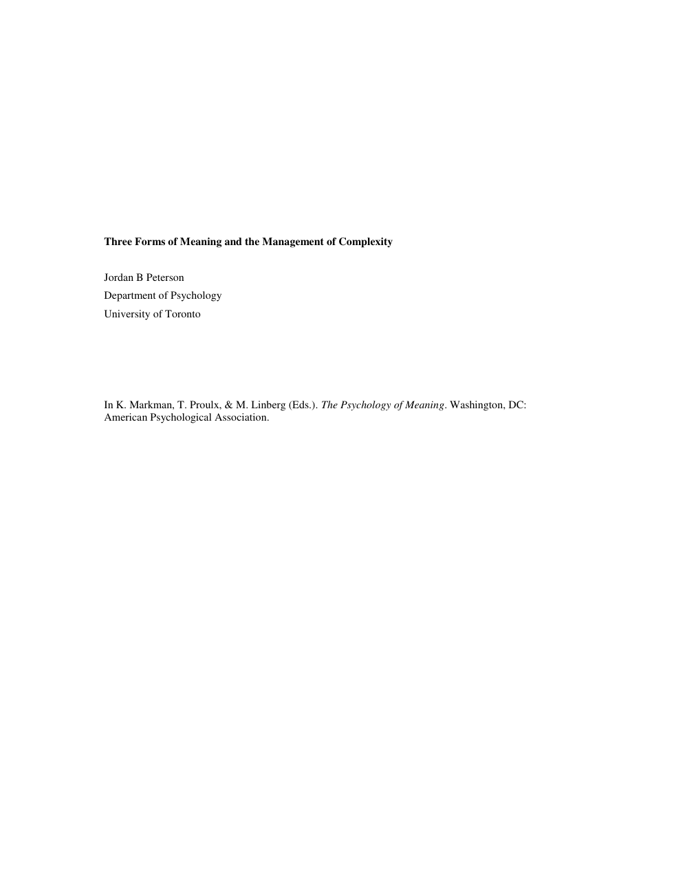 Jordan Peterson - Three Forms of Meaning and the Management of Complexity - entry in the Pyschology of Meaning cover