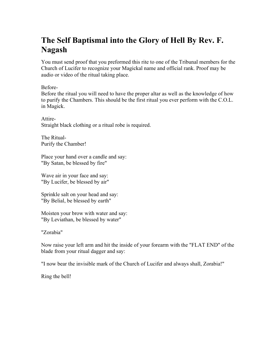 The Self Baptismal into the Glory of Hell By Rev. F. Nagash cover