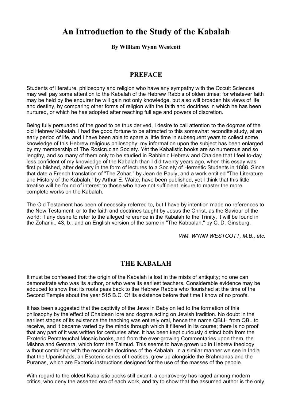 William W Westcott - Introduction to the Srudy of the Kabalah cover