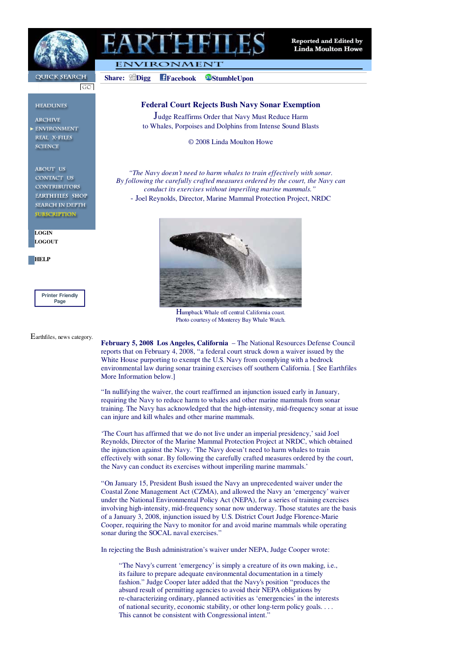 02 05 2008 Federal Court Rejects Bush Navy Sonar Exemption cover