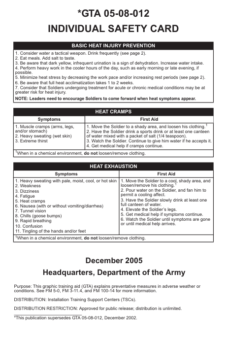 ARMY Medical - Individual Safety Card 2005 10 pages cover