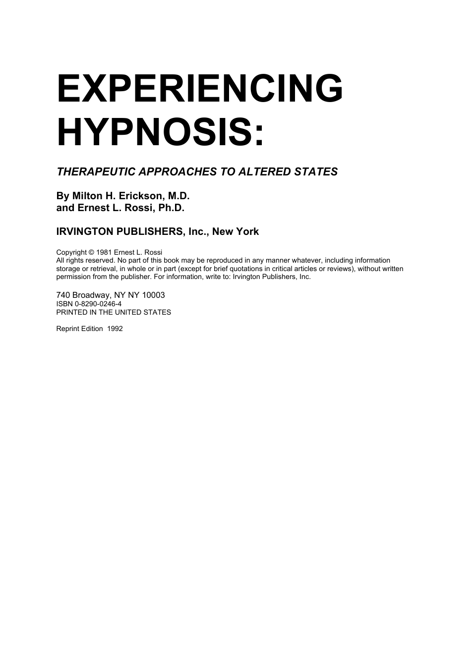 Milton H. Erickson - Experiencing Hypnosis cover