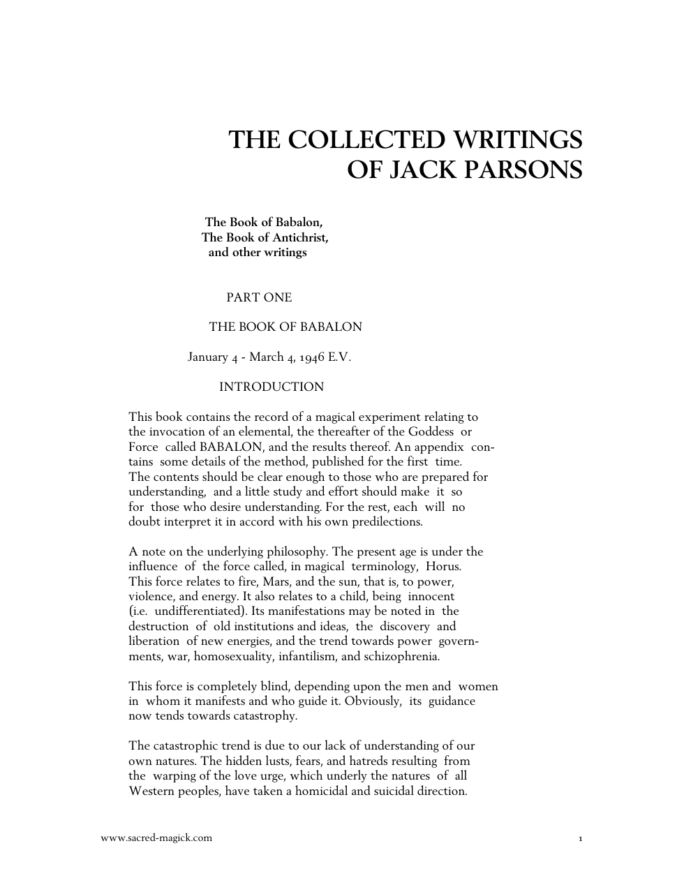 The collected Writings of Jack Parson cover