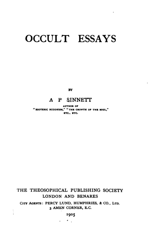 Occult Essays - A P Sinnett cover
