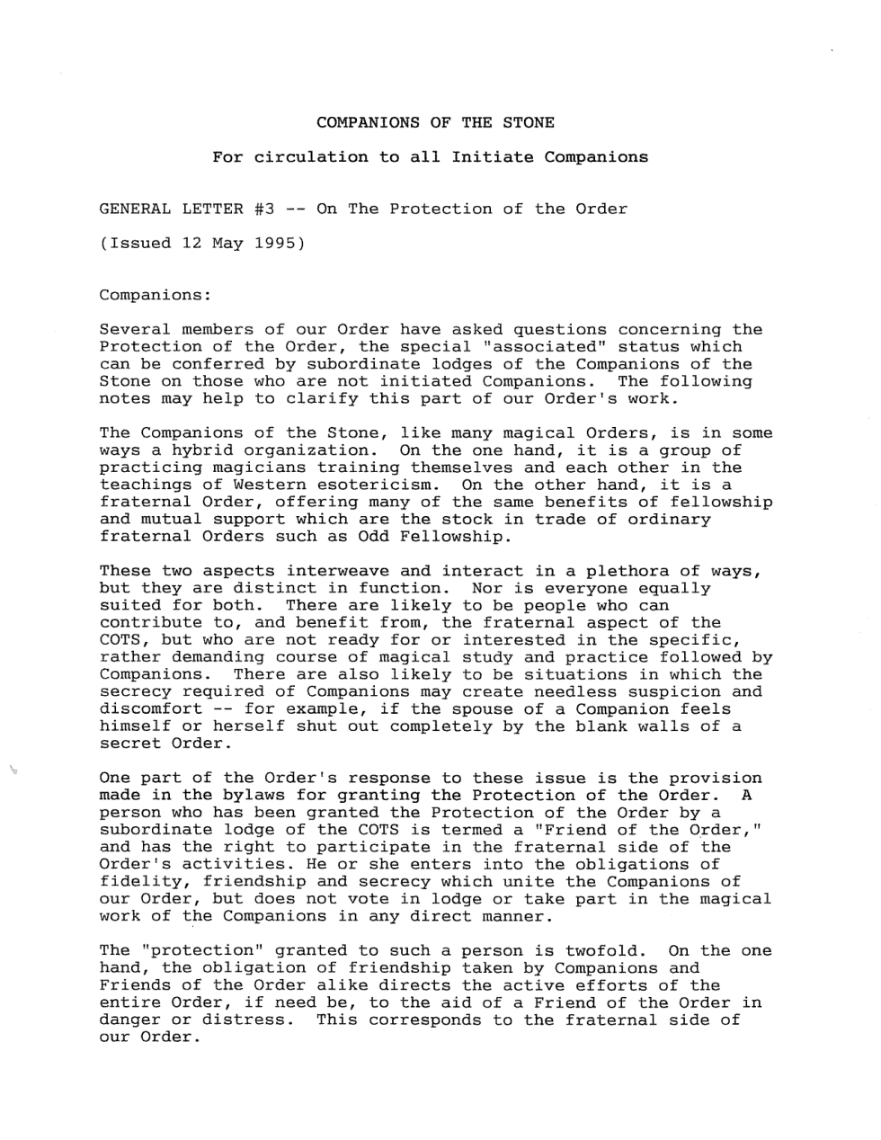 1995 General Letter 3 - On the Protection of the Order cover
