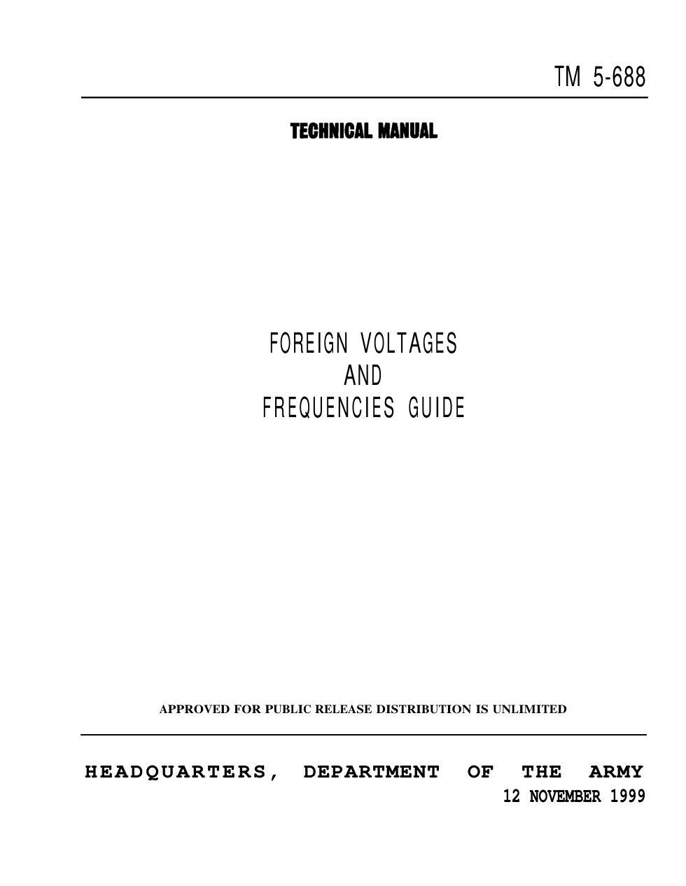 ARMY Electrical-Foreign Voltages,Frequencies 1999 31p. cover