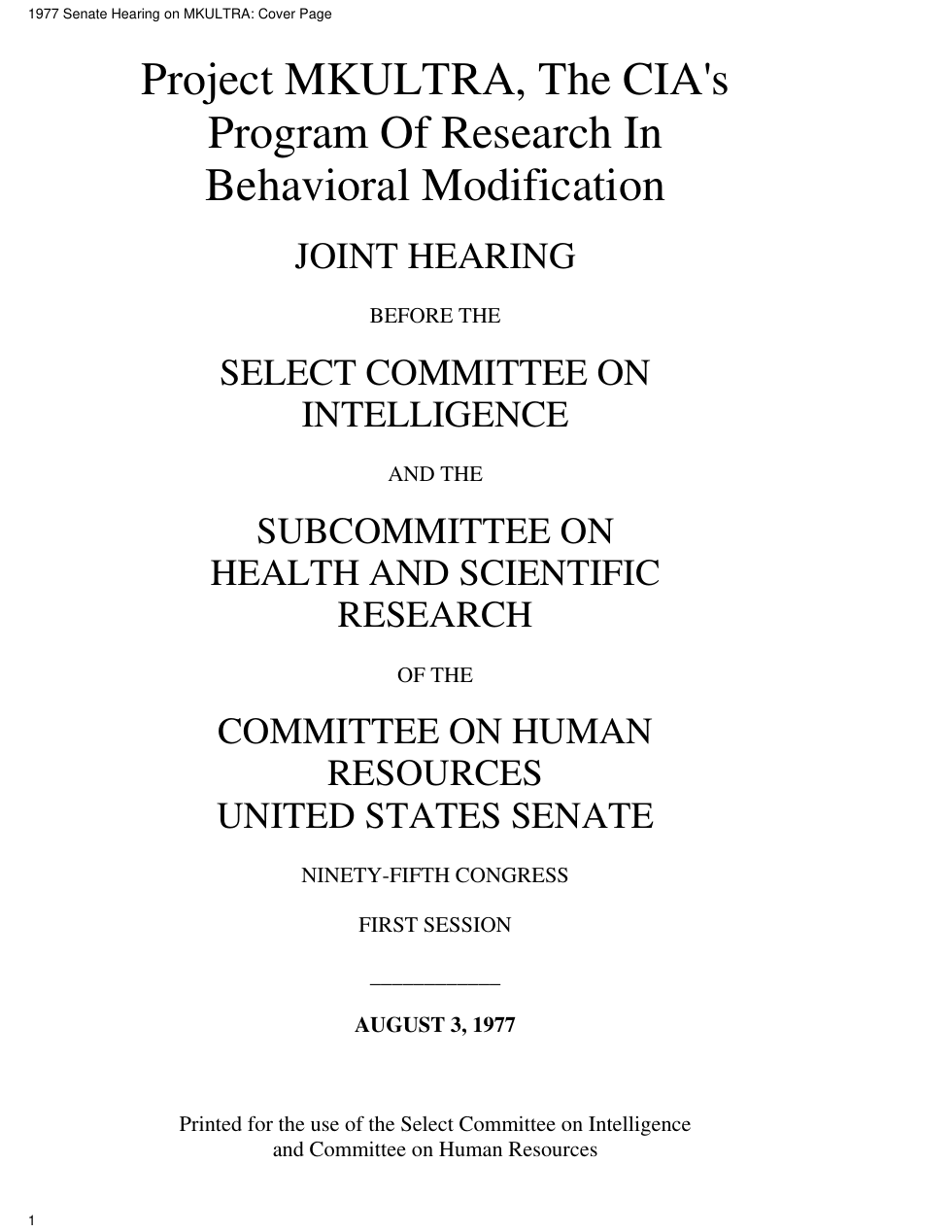 1977 Senate Hearing on MKULTRA cover