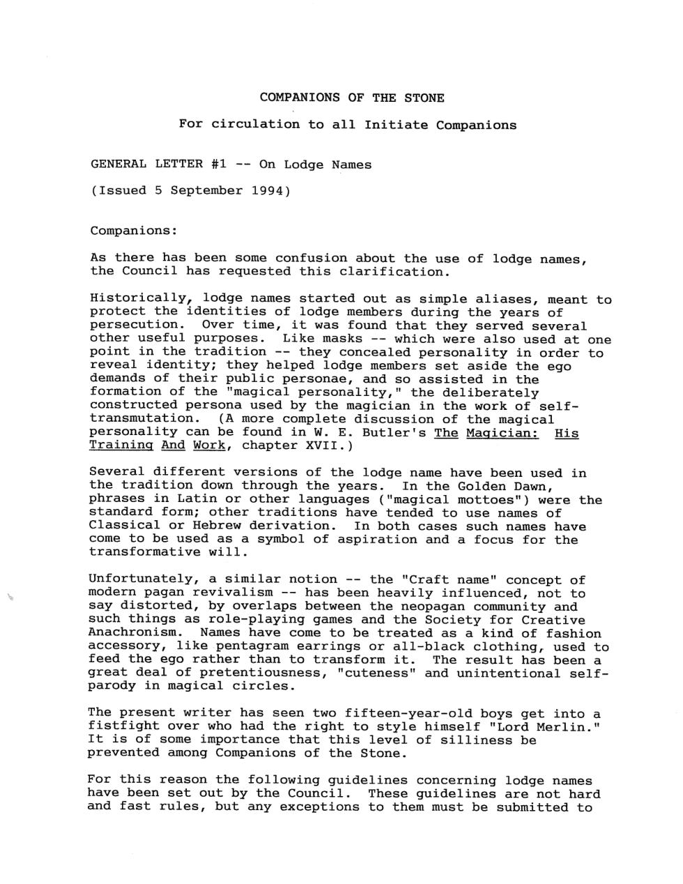 General Letter 1 - On Lodge Names cover