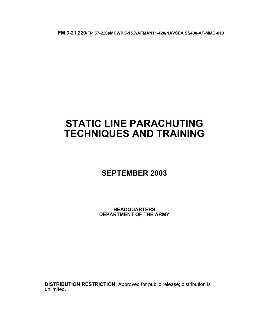 ARMY Static Line Parachute Techniq. Training 2003, 436 pgs cover