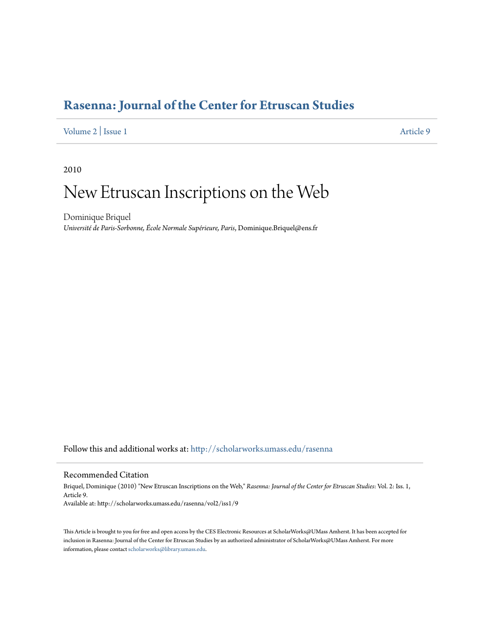 New Etruscan Inscriptions on the Web cover
