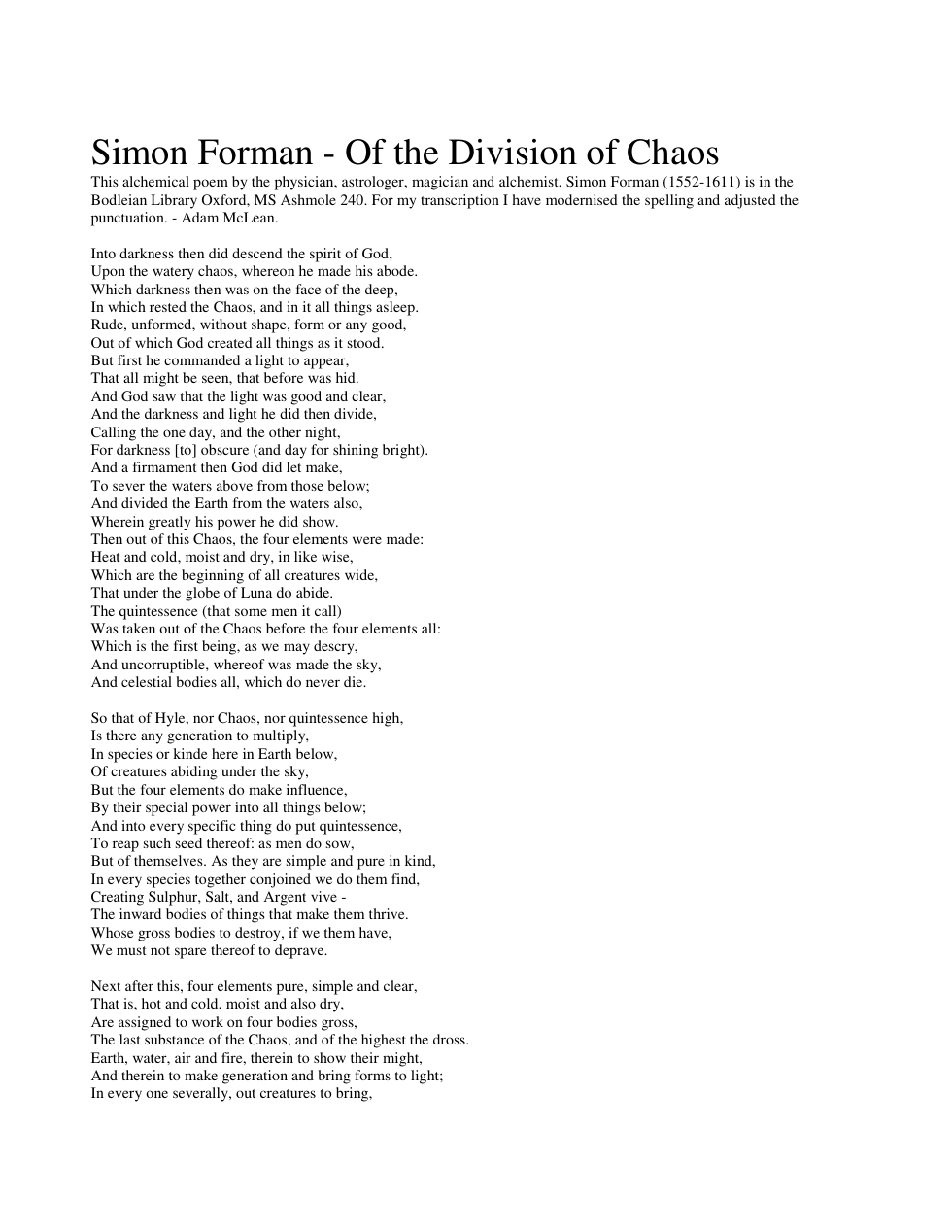 Simon Forman - Of the Division of Chaos cover