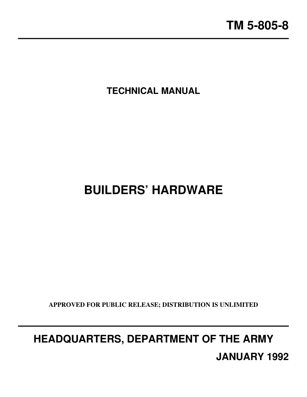 ARMY Engineer - Builders' Hardware 1992 16p. cover