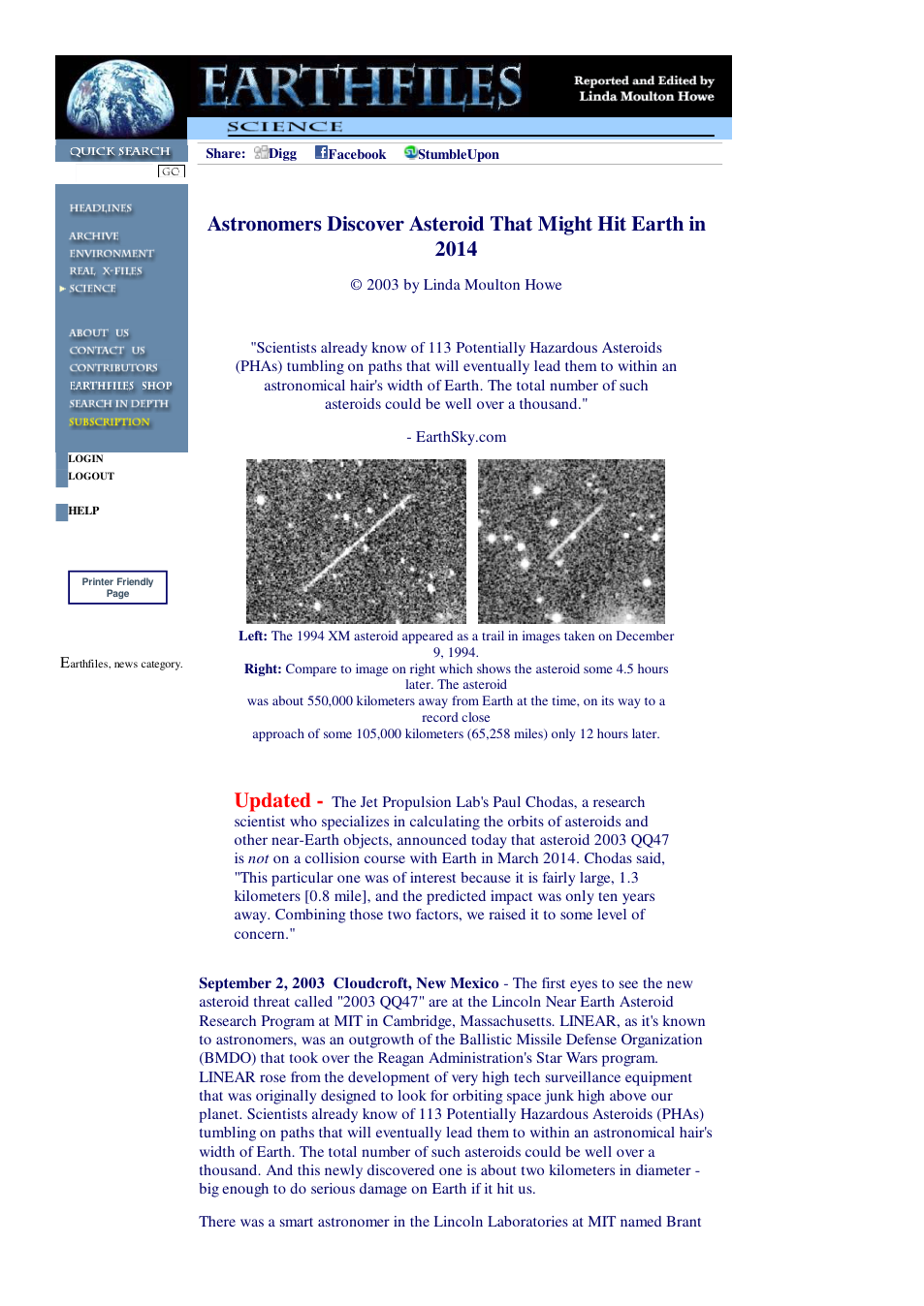 09 02 2003 Updated - Astronomers Don't Think Asteroid Will Hit Earth in 2014 cover