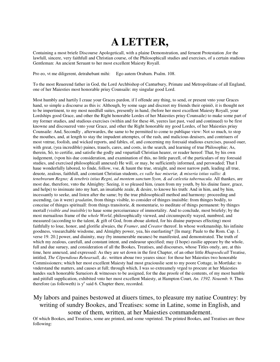 A Letter Containing a Most Brief Discourse Apolegetical cover