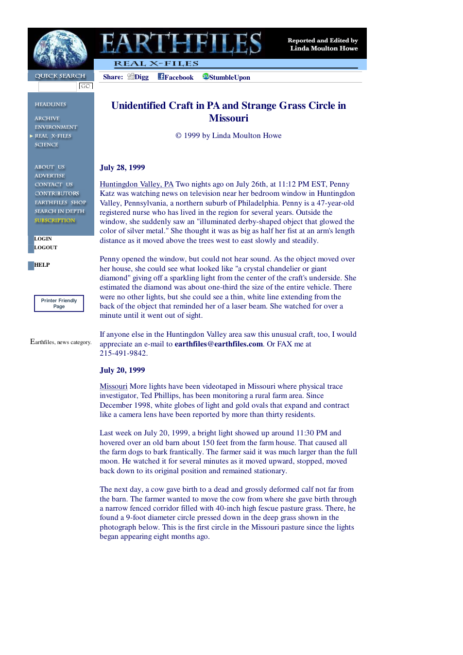 07 28 1999 Unidentified Craft in PA and Strange Grass Circle in Missouri cover