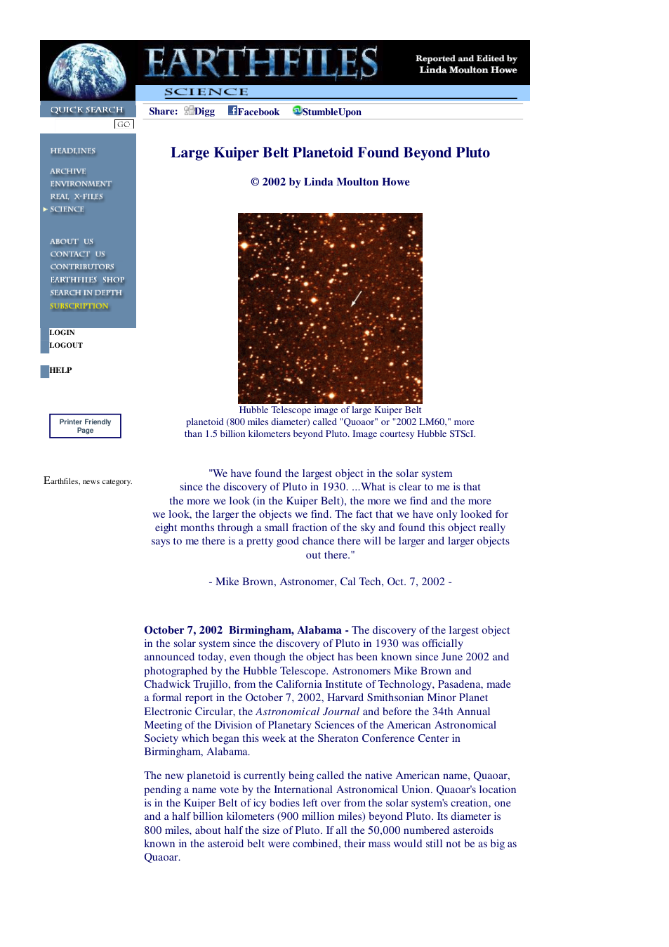 10 07 2002 Large Kuiper Belt Planetoid Found Beyond Pluto cover