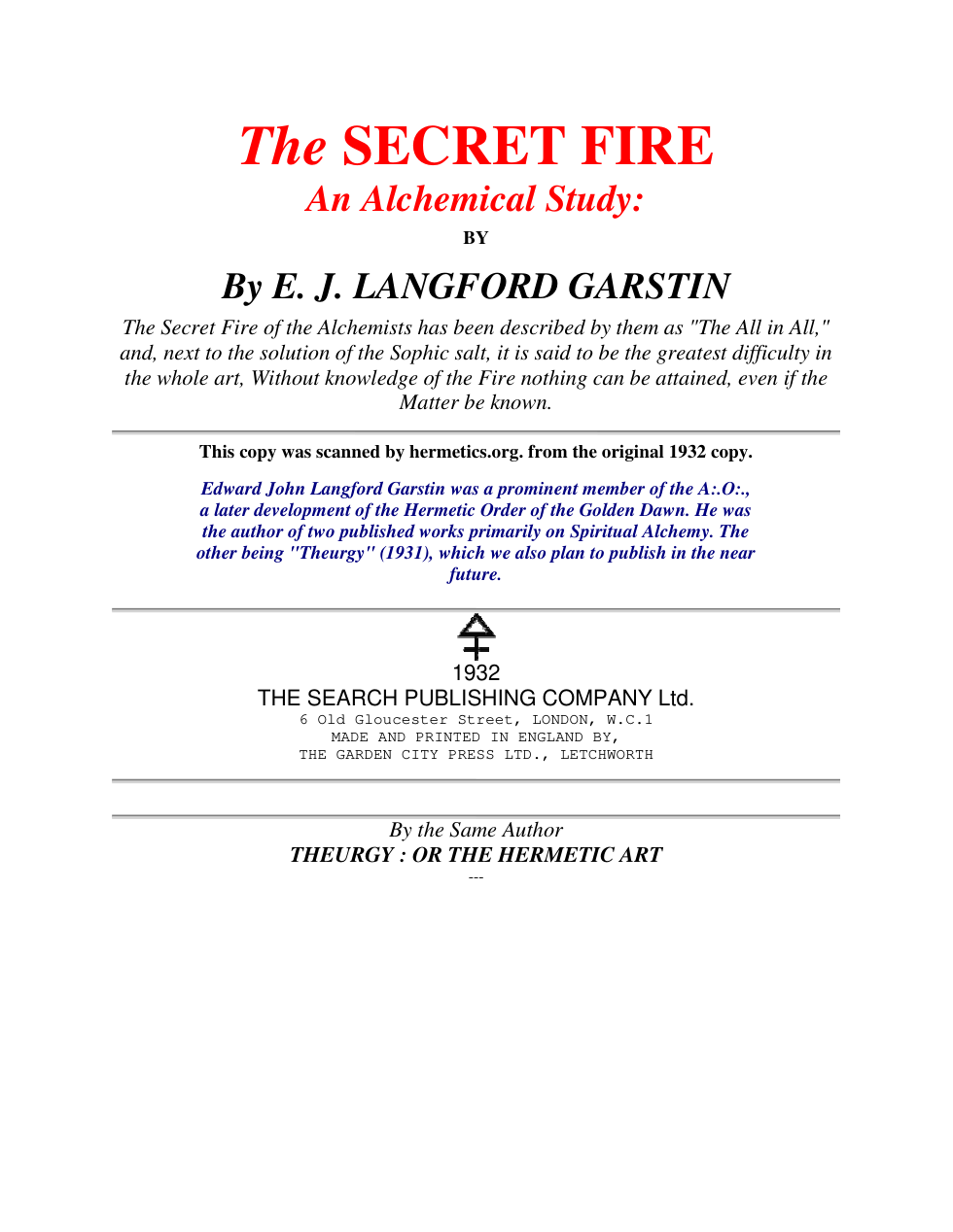 Secret Fire an Alchemical Study cover