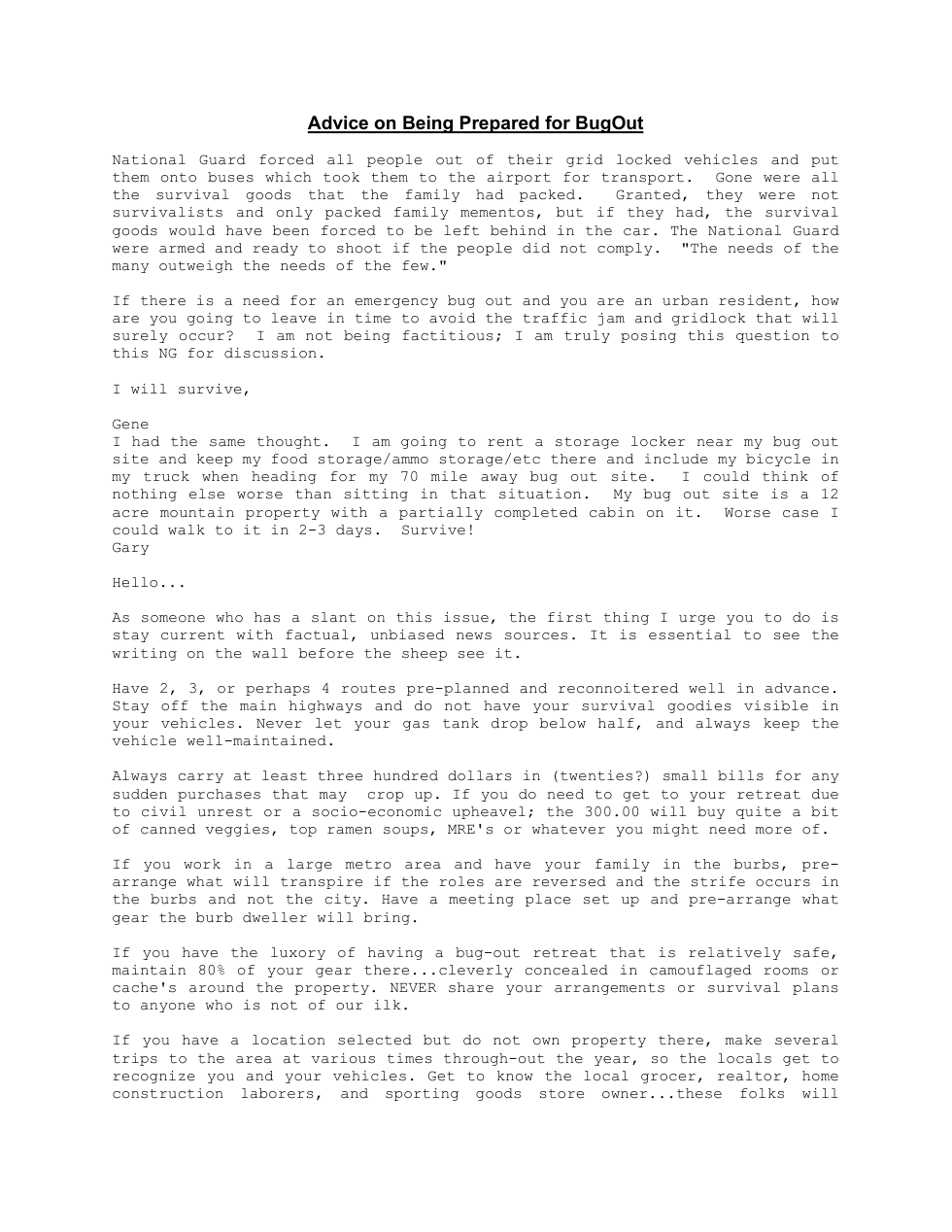 Advice on Being Prepared for BugOut 2 pages cover