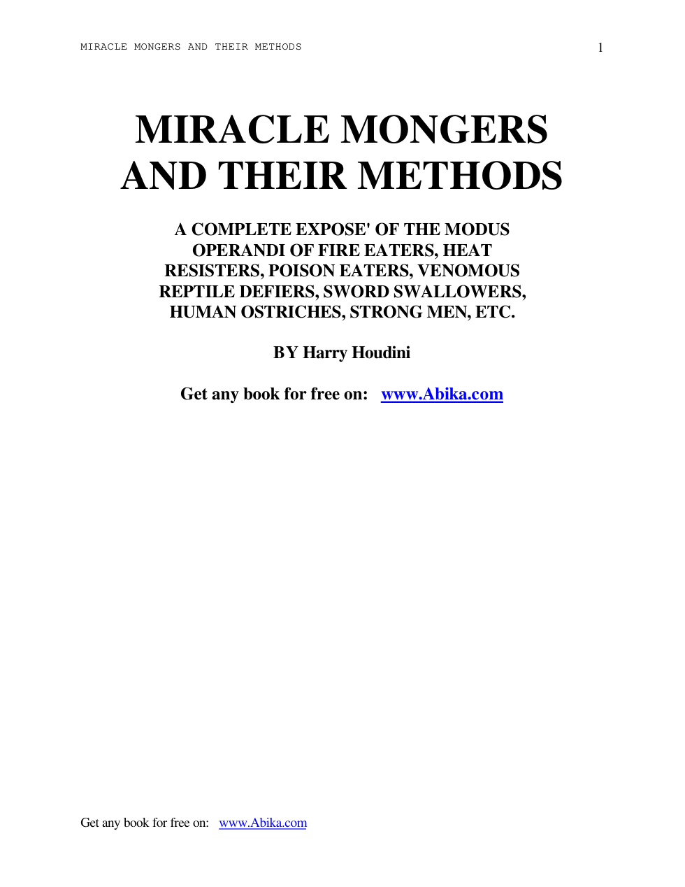 Harry Houdini - Miracle Mongers And Their Methods cover