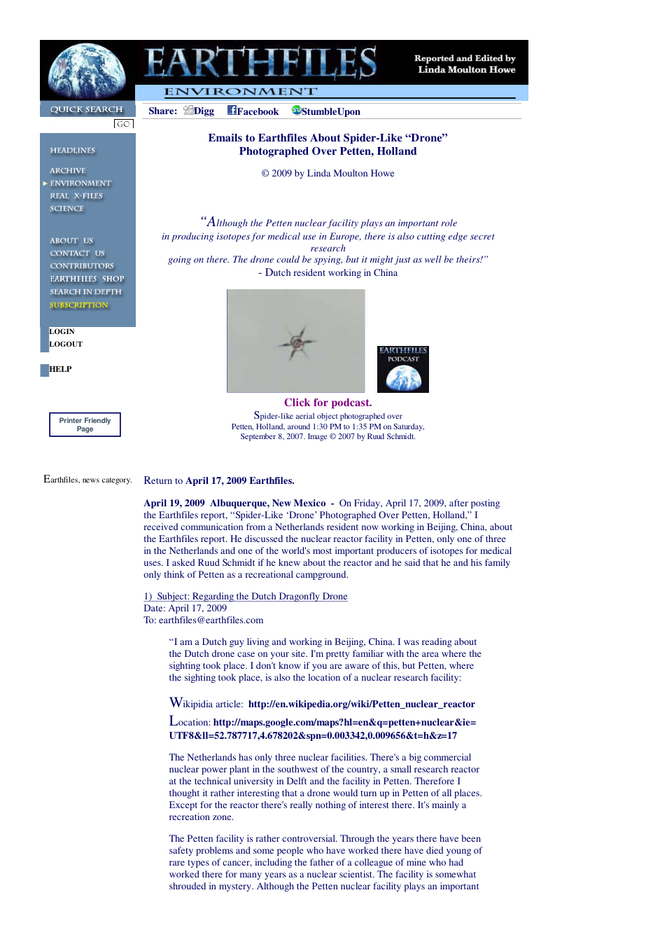 04 19 2009 Emails to Earthfiles About Spider-Like Drone Photographed Over Petten, Holland cover