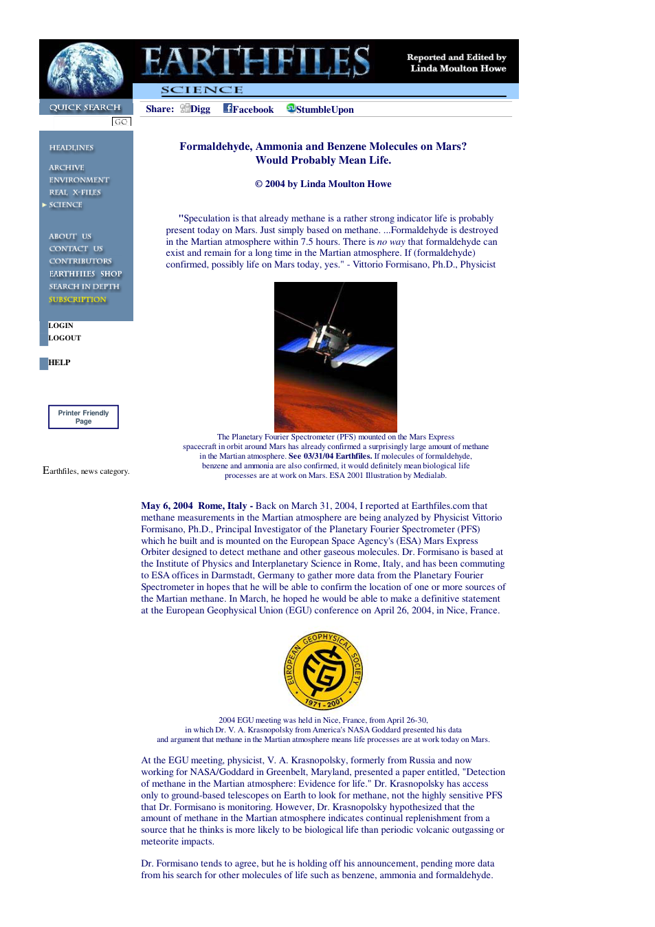 05 06 2004 Formaldehyde, Ammonia and Benzene Molecules on Mars Would Probably Mean Life. cover