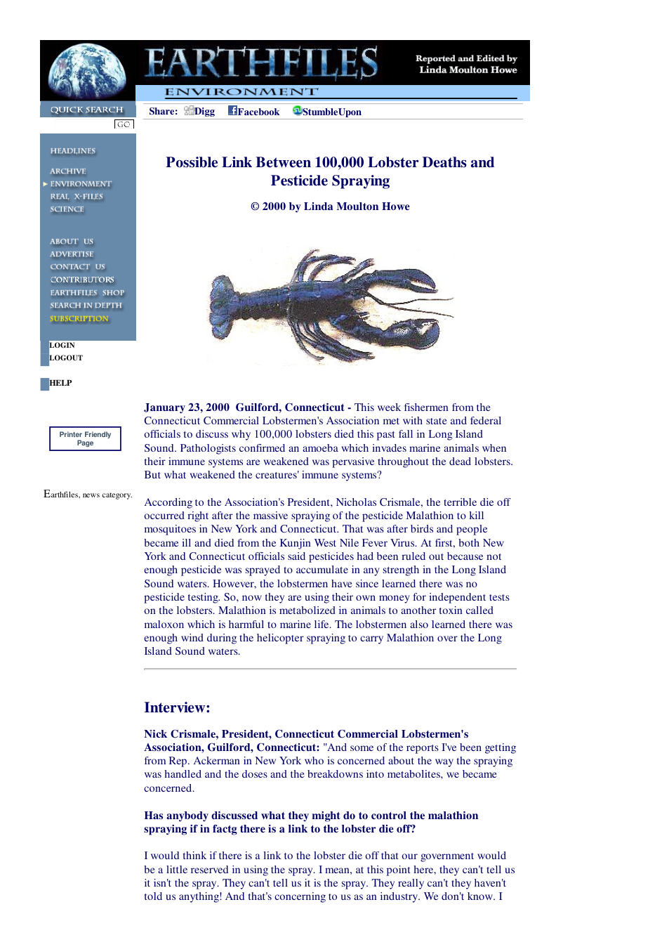 01 23 2000 Possible Link Between 100,000 Lobster Deaths & Pesticide Spraying cover