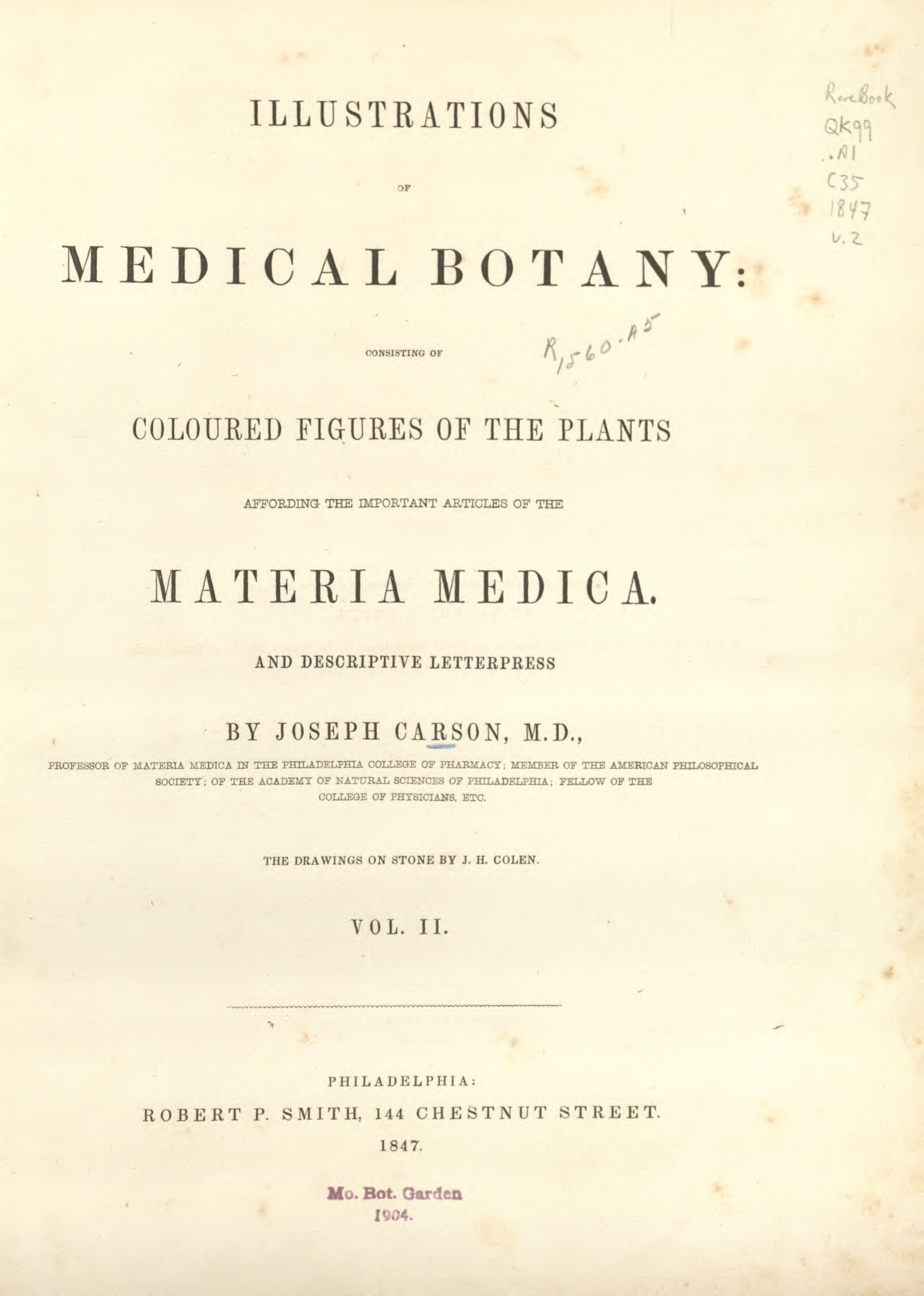 Illustrations of medical botany consisting of coloured figures of the plants Vol 2 - J Carson (1847) cover